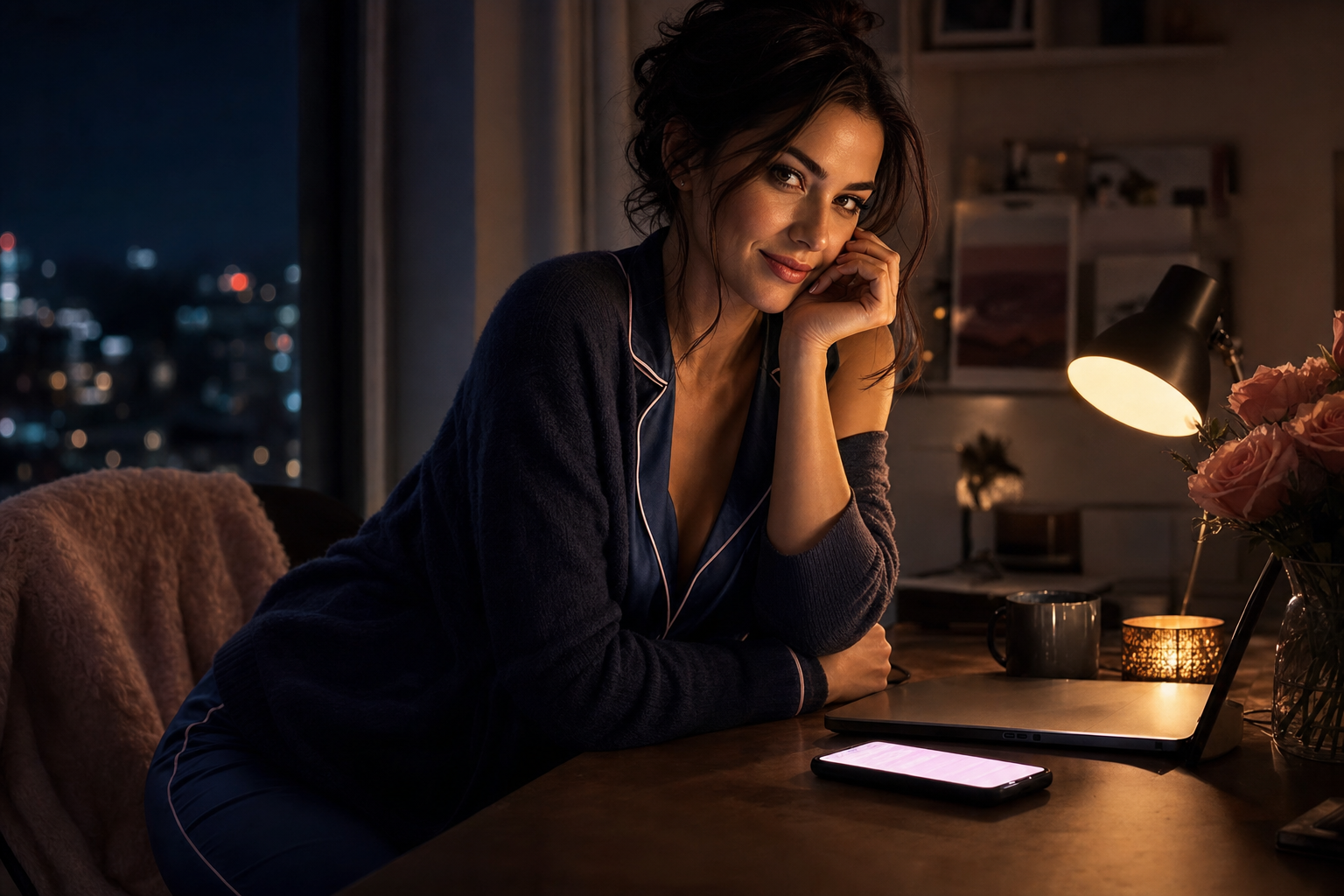 Woman near a glowing phone at a midnight desk