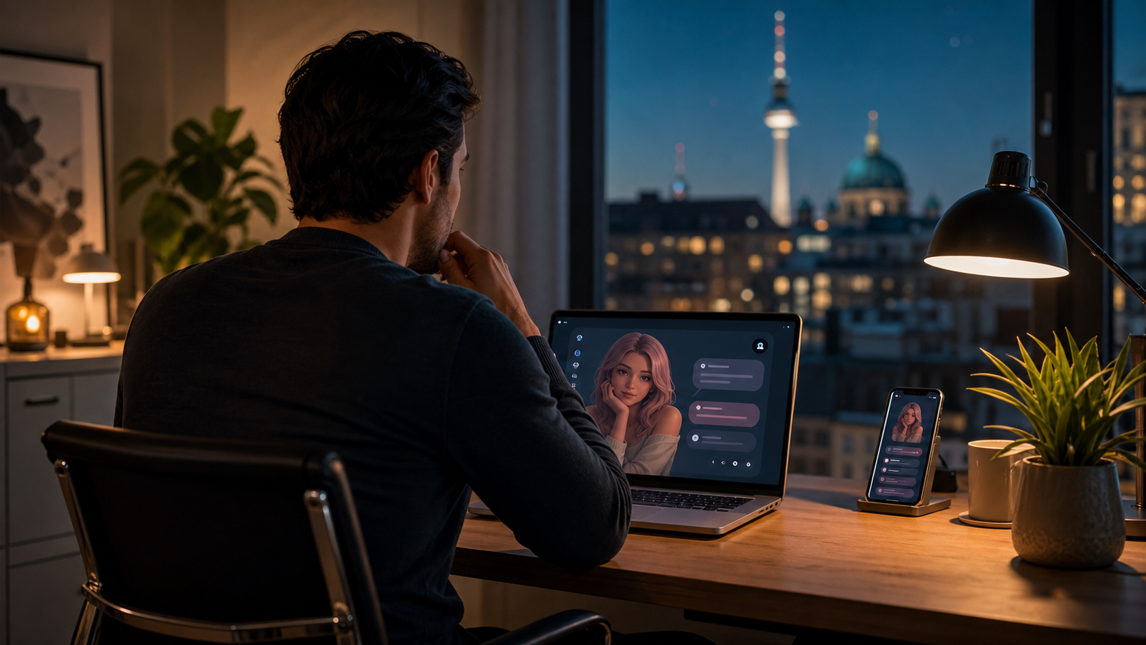Private lounge scene with a notebook and soft night lighting