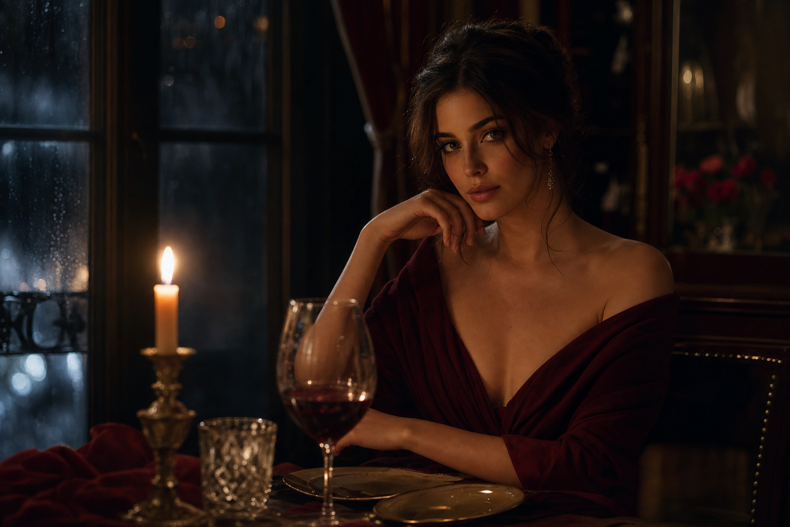 Woman in candlelight after a late dinner