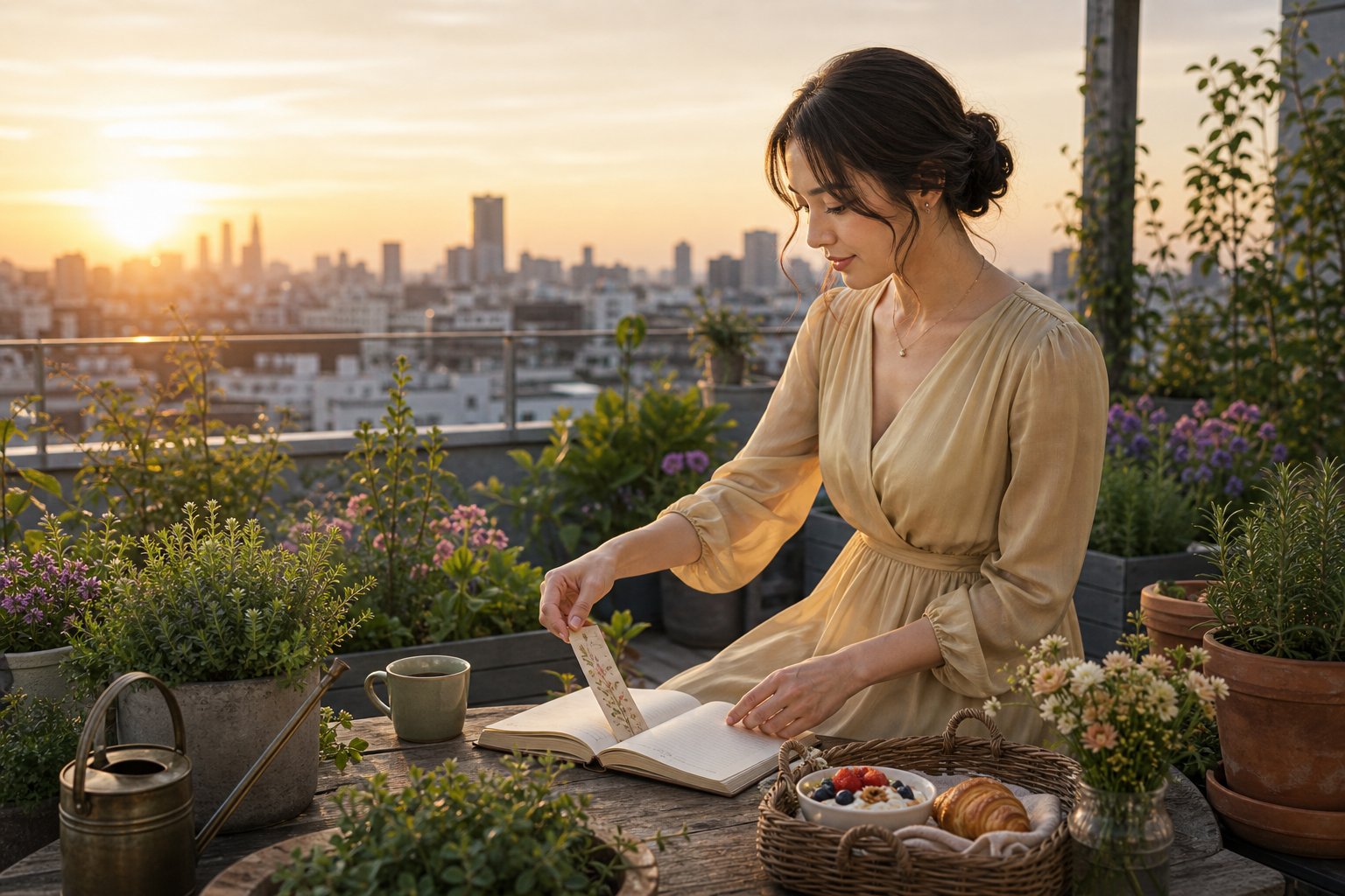 Woman journaling in a rooftop garden at sunrise