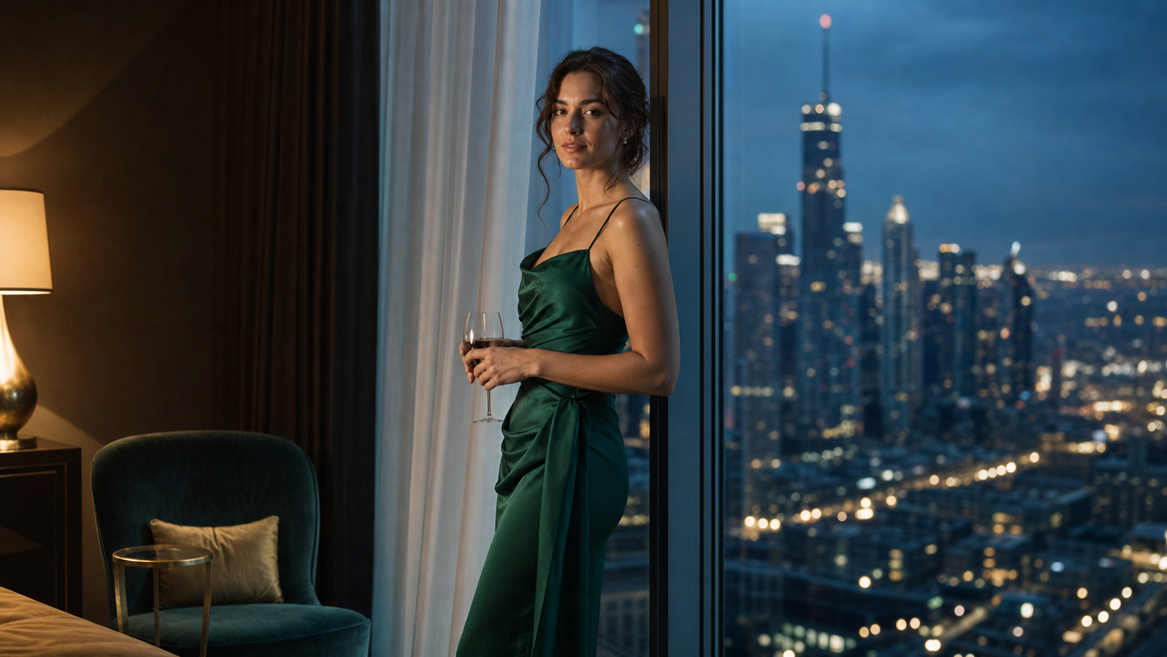Elegant woman in a high-rise room above the city