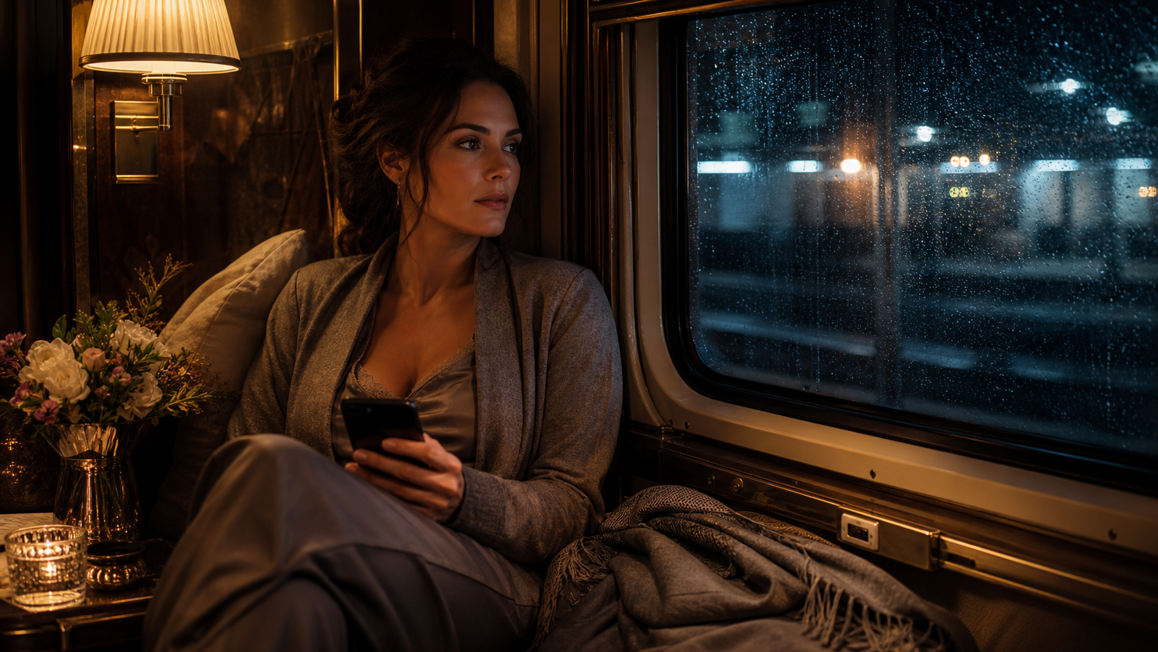 Woman holding a phone in a luxury sleeper train compartment at night