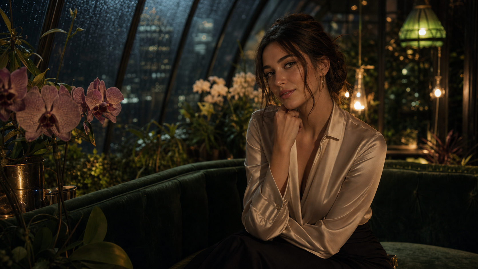 Adult woman in a closed city greenhouse at night