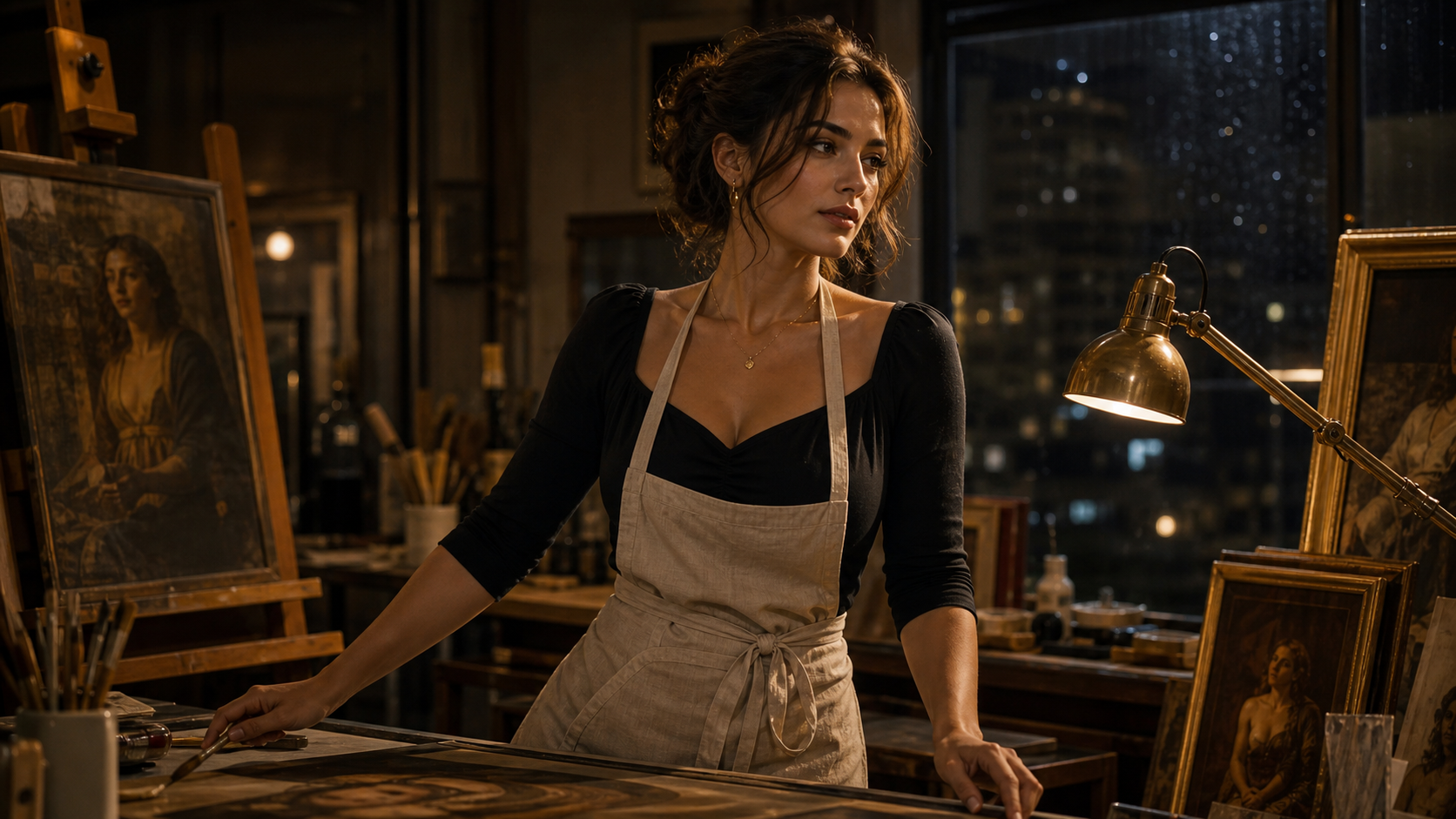Adult woman in an art restoration studio after hours